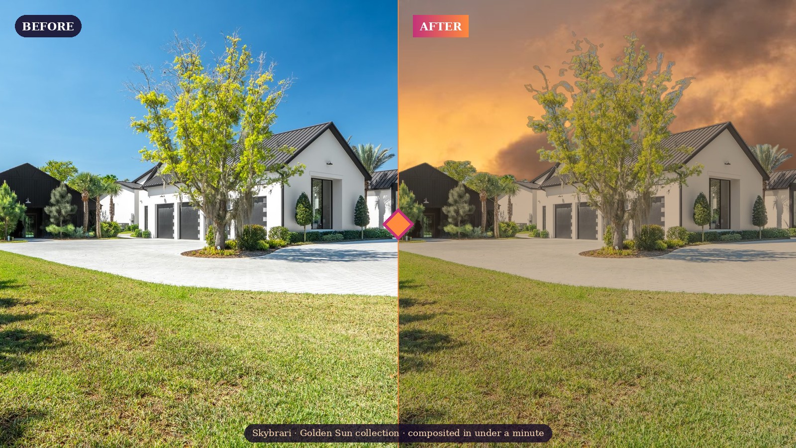 Before: flat blue sky. After: warm golden sunset composited via Luminar Neo Sky AI.